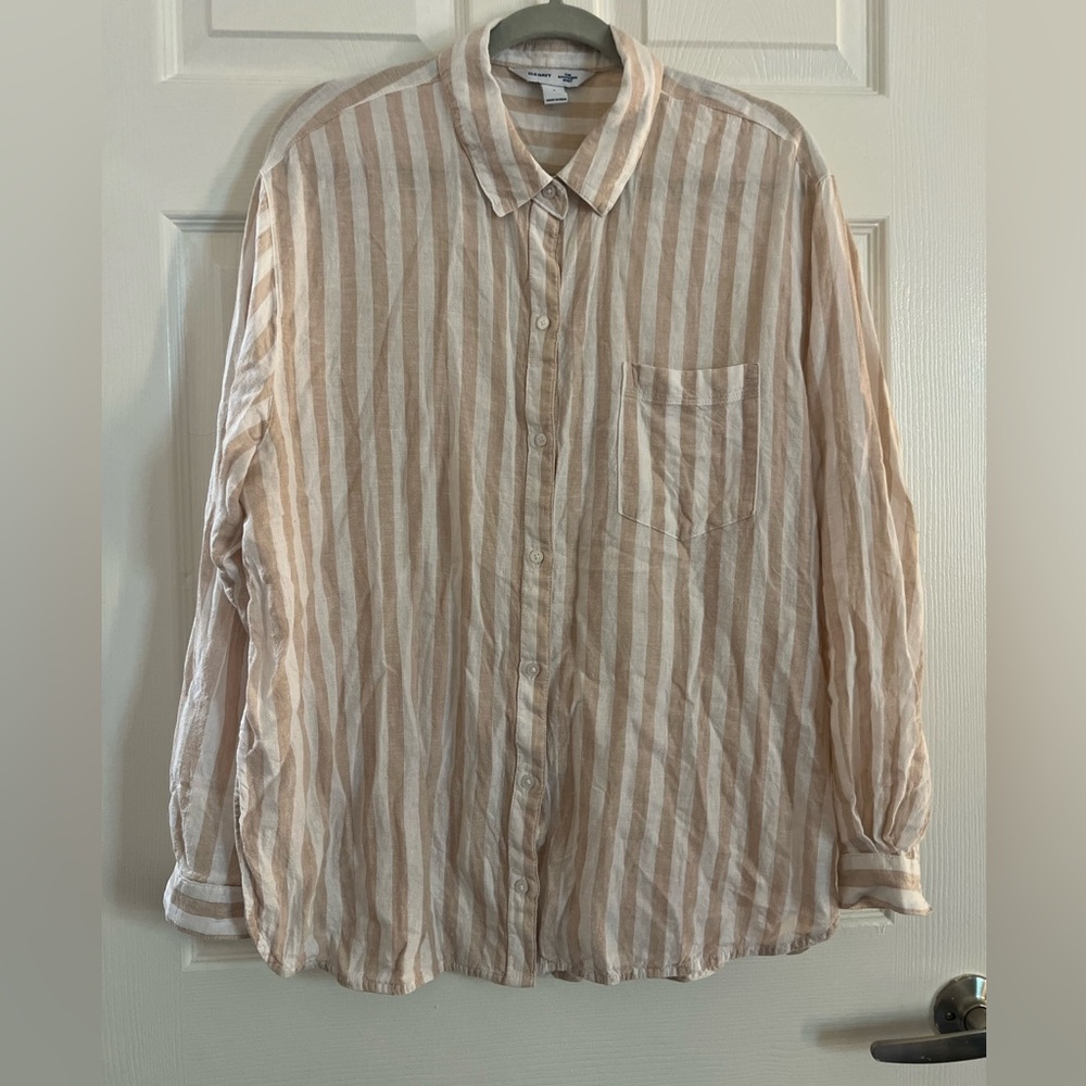 Old navy - linen boyfriend button down, beige and white vertical stripe - large